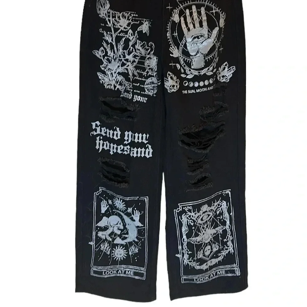 ROMWE Women’s Grafitti Print Wide Leg Ankle Jeans Size 2 Casual Distressed Retro - Picture 4 of 8